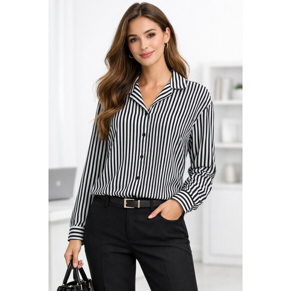 Notations Black White Striped Blouse XL Button Front Long-Sleeve Career Office - Picture 1 of 14